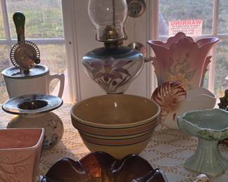 Hand Painted Oil Lamp - Carnival Glass - Ladies Spittoon - Back in the day this was a big deal!