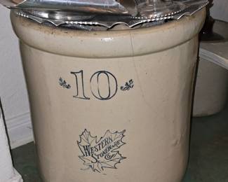 Western Stoneware 10 Gallon Crock - Items sitting on top are metal Trays used to be called poor man's silver.