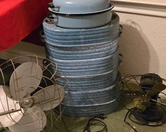 3 Large Roaster pans in Enamelware- 2 Antique Fans