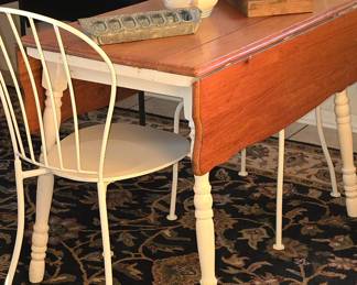 Antique Small Drop Leaf Kitchen Table with 2  Metal Chairs - Coffee Maker - Chicken  Feeder