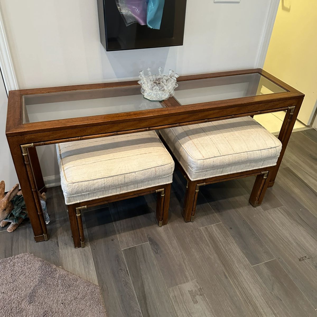 Heritage Henredon walnut and brass sofa table and benches