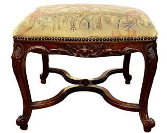 Antique French Walnut Stool with Needlepoint Top
