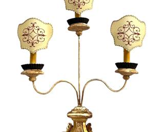 Italian Carved GIlt Lamp with 3 Signed Parchment Shades