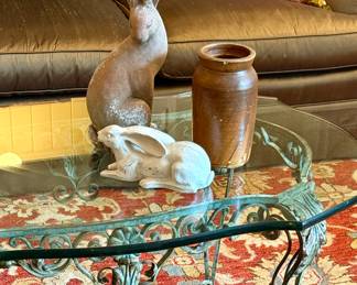 Decor on an antique iron French table from Roger’s Menzies