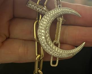 Massive diamond crescent on a huge 14k gold chain with diamond toggle and diamond links!