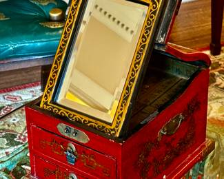 Antique Asian 1930s jewel box with standing mirror