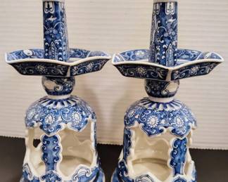 1970's Chinoiserie Pagoda Blue & White Porcelain Candle Stick Holders - a Pair