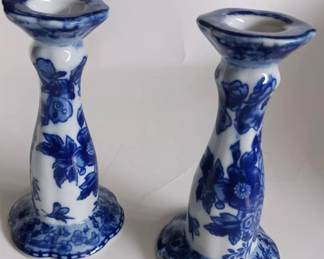 Antique Pair of Blue and White Floral Patterned Taper Candle Holders, Porcelain l