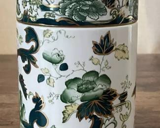 Masons Chartreuse Peking Jar Green Gold Floral Ironstone China Tea Caddy