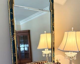 1940s double pane Chinnoiserie mirror in dark green