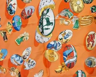 RARE!  Couvee d'Hermes Carre Eggs Pattern Orange 90cm Silk Scarf Latham Vintage