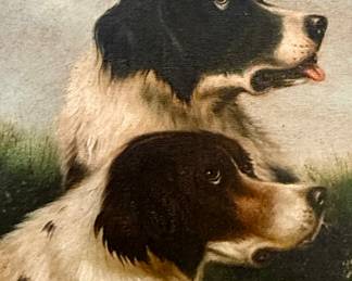 Victorian-era oil painting likely from the late 19th century. It depicts two spaniel-type dogs, possibly Cocker Spaniels or English Setters.