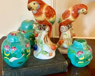Herend Parrots and Wang Bong Rong set of three antique lotus crane ginger jars