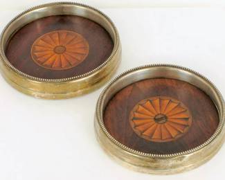 Circa 1880s walnut wine coasters inlaid with mahogany and sterling silver