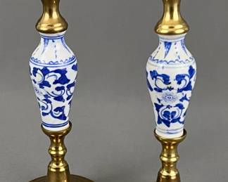 OLD! English! Set of 2 Brass Candlesticks with Blue and White Ceramic Floral Stem