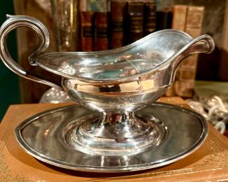 Large English sterling silver sauce boat with underplate 