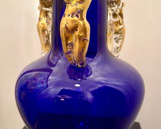 Massive Italian signed cobalt blue glass vase with three gilded female torsos attached…amazing art glass!