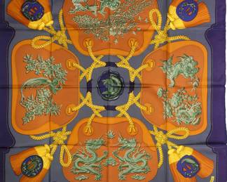 RARE!  Hermes Scarf TSUBAS 90cm Silk Carre Foulard Navy CHRISTIANE VAUZELLES