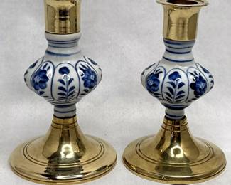 Pair Of Vintage Jehvani Taper Candlestick Holders Brass & Blue White Porcelain