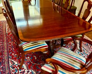 Amazing mahogany Duncan Phyfe dining table in banded mahogany with three leaves and can seat 12!