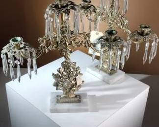 000.Main Image Pair of Antique Brass Candelabras with Crystal Prisms