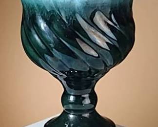 000.Main Image Hull Pottery F67 Green Drip Glaze Footed Swirl VasePlanter