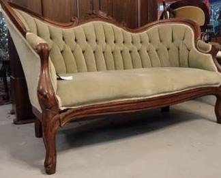 000.Main Image Antique Victorian Carved Walnut Settee Green Velveteen Upholstery