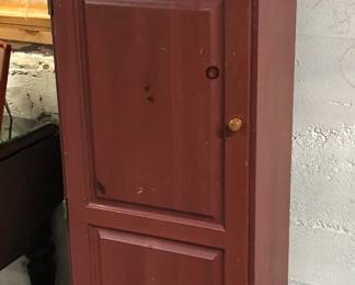 Burgundy wood cabinet (21”W, 12”D, 52.5”H) + Arizona Jim Beam decanter