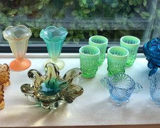 Colorful glass including Fenton amberina, Libbey Ka-dinks parfait glasses, green Murano bowl, green Mosser Eye Winker tumblers, blue Westmoreland argonaut shell & dolphin covered dish, Caprice moonlight creamer & sugar (pale blue)