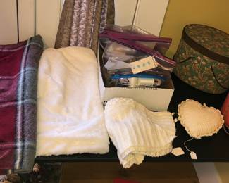Plaid throw, knit baby blanket, sewing boxes