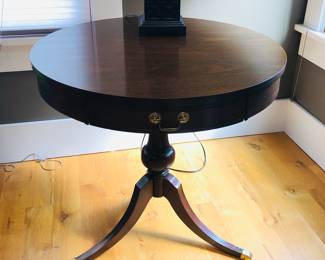 Mersman mahogany drum table (27.5” diameter, 27” high)