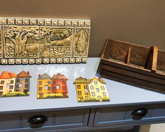 Tile plaque, switch plate covers, primitive wooden tote