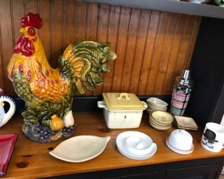 Big ceramic rooster, Vietri square casserole, garlic baker