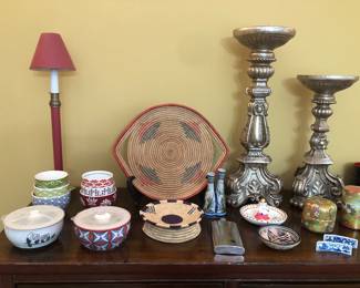 Starbucks bowl sets, woven baskets, gilt candle pedestals