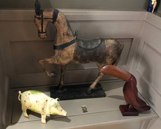 Critters: wooden horse (25”tall), painted metal pig, carved toucan bird