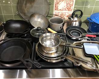 Lodge cast iron skillets, Cuisinart stainless skillets, other small skillets + wok