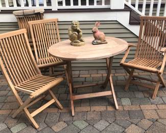 Smith & Hawken teak outdoor furniture: 36” round table + 4 chairs (one with arms) - all pieces fold up