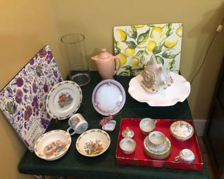 Royal Doulton Bunnykins children's dishes, pink Fiesta coffee pot, milk glass cake stand, big shell