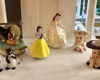 Vintage lady head vases; Pocahontas, Snow White & Beauty + the Beast musical figurines, Willie & Millie S + P shakers (Kool cigarettes advertising)   