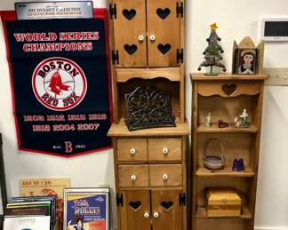 Wooden cabinet & shelf with heart cut outs, Red Sox banner