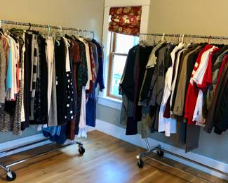 2 racks of clothing - womens, some men’s + military clothing (West Point)