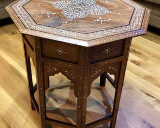 Vintage Anglo-Indian octagonal travel table (tabouret) with inlay - 24” x 24” tall. Top lifts off, base is hinged & folds up
