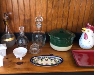 Decanters, green Emile Henry casserole, Italian rooster pitcher