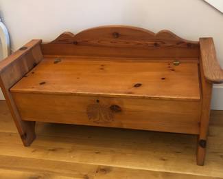 Pine bench with storage under seat (48”L, 20”D, 25.5” high at back, seat is 17” from floor)