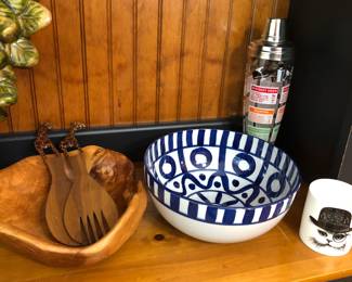 Wooden salad bowl, Dansk Arabesque bowl, vintage recipe cocktail shaker, Fortnum & Mason Rory Dobner cat mug