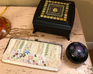 Jewelry box by Zetamari Mosaic Artworks, Wayne M. Kleski clutch purse, painted wooden box