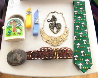 Vintage Sanrio Hello Kitty timer, tooled leather belt with silver buckle, pewter bookmarks, Snoopy Xmas tie