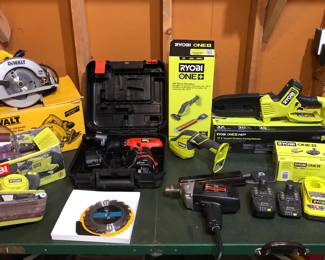 Power tools: DeWalt 7-1/4” heavy duty lightweight circular saw, Ryobi 3”x18” belt sander, Black & Decker + Craftsman drills, Ryobi 18V shear/shrubber, Ryobi 8” compact brushless pruning chainsaw, Ryobi battery kit