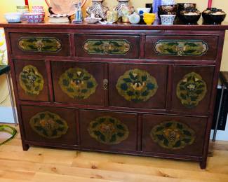Large Asian style cabinet with drawers (63”H, 18”D, 43”H)