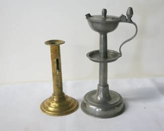 19th C. Pewter Oil Lamp & Cellar Rat Brass Candlestick